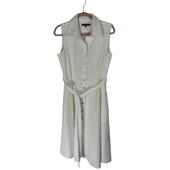 Sharagano Ivory Collared Sleeveless Tie Waist Solid A-line Rayon Dress Size 10 - Picture 2 of 10